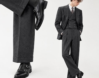 1930s-1940s Men's Four-Piece Vintage Old Money Suit, High-Waisted Wide-Leg Buckle Trousers