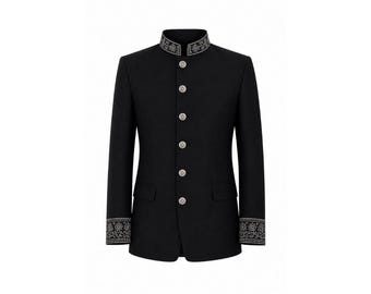 Embroidered Mandarin Collar Bandhgala Suit | Wedding Reception Suit For Men