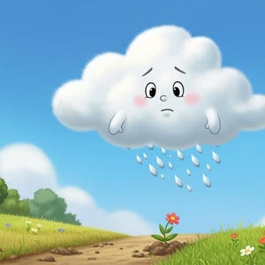 May include: A whimsical illustration of a sad, cartoon cloud raining over a field with a dirt path. The cloud has a face with a downturned mouth and is surrounded by a blue sky, green grass, and colorful flowers.