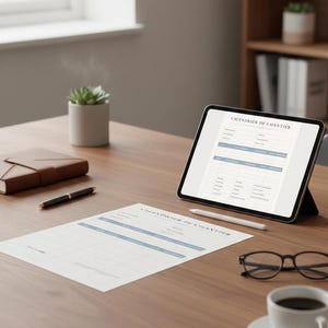 Peut inclure: Un bureau en bois avec une tablette affichant un document intitulé "CALENDRIER DE CHANTIER". Un document imprimé avec le même titre est posé sur le bureau, ainsi qu'un stylo, des lunettes et une tasse de café. Une petite plante succulente dans un pot blanc est également visible.