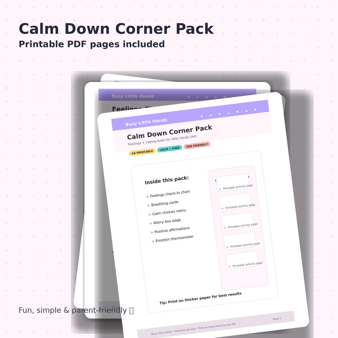 Calm Down Corner Printables | Kids Emotion Chart, Breathing Cards (A4 ...