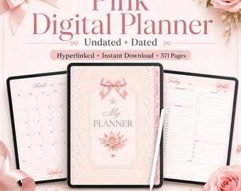 Coquette Pink Digital Planner 2026 — Dated & Undated, Aesthetic Hyperlinked PDF for iPad/GoodNotes, Instant Download