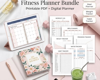 Fitness Planer Bundle, Printable Workout Journal, Mahlzeitenplaner & Gewicht Tracker PDF, A4 A5 Letter GoodNotes