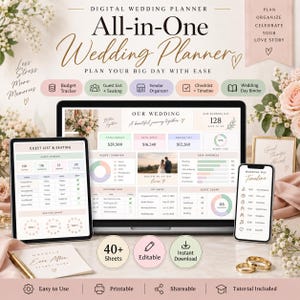 May include: A digital wedding planner displayed on a laptop, tablet, and smartphone screen. The interface features budget trackers, guest lists, vendor organisers, and timelines with pastel colour-coded sections. Text includes "All-in-One Wedding Planner" and "Plan Your Big Day With Ease."