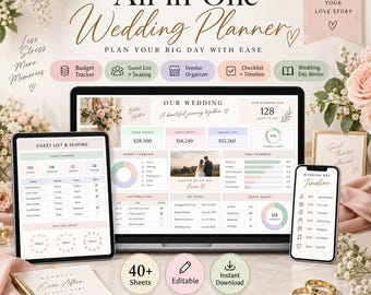 Digitale Hochzeitsplanungs-Tabelle | Budget-Tracker | Gästeliste & Sitzplan | Checkliste | Dienstleister-Organizer