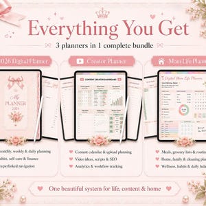 May include: A digital planner bundle featuring three distinct planners: a 2026 digital planner, a creator planner, and a mom life planner. The display shows tablet screens with various planning layouts, calendars, and dashboards, all decorated with pink floral accents and bows.