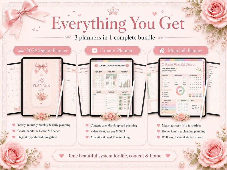May include: A digital planner bundle featuring three distinct planners: a 2026 digital planner, a creator planner, and a mom life planner. The display shows tablet screens with various planning layouts, calendars, and dashboards, all decorated with pink floral accents and bows.