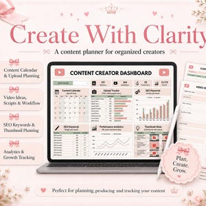 May include: A digital content planner dashboard displayed on a laptop screen, featuring sections for content calendars, upload trackers, SEO keywords, and performance analytics. Includes printed planning sheets and a stylus on a light pink background.