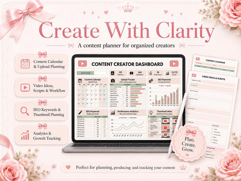 May include: A digital content planner dashboard displayed on a laptop screen, featuring sections for content calendars, upload trackers, SEO keywords, and performance analytics. Includes printed planning sheets and a stylus on a light pink background.
