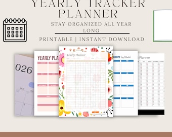 Jährlicher Tracker Bundle Printable | Jährliche Gewohnheit Stimmung Ziel Planer Einsätze, Jahr in Pixel bearbeitbare PDF Canva Vorlage