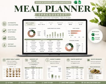 Essensplaner | Wochenplan, Einkaufsliste und Budget Tracker | Excel und Google Sheets Food Planner | Digitaler Download
