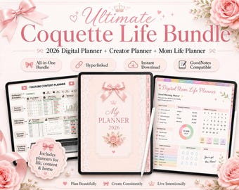 Coquette Life Bundle 2026 | Digital Planner + YouTube Content Planner + Mom Life Organizer | GoodNotes iPad PDF & Excel Creator Planner