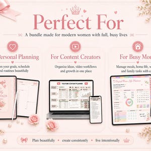 May include: A digital planner bundle displayed on a light pink background with floral accents. The text reads Perfect For, For Personal Planning, For Content Creators, For Busy Moms, My Planner 2024, YouTube Content Planner, and Digital Mom Life Planner.