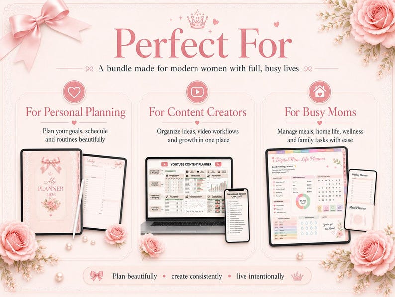 May include: A digital planner bundle displayed on a light pink background with floral accents. The text reads Perfect For, For Personal Planning, For Content Creators, For Busy Moms, My Planner 2024, YouTube Content Planner, and Digital Mom Life Planner.