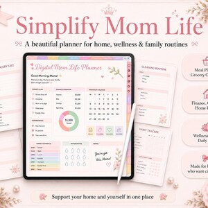 May include: A digital planner displayed on a tablet screen with a stylus, featuring sections for daily schedules, finance overviews, meal planning, and habit tracking. The interface uses a soft pink color palette with floral accents and text.