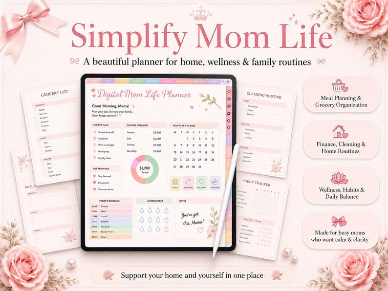 May include: A digital planner displayed on a tablet screen with a stylus, featuring sections for daily schedules, finance overviews, meal planning, and habit tracking. The interface uses a soft pink color palette with floral accents and text.