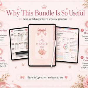 May include: A digital planner bundle displayed on three tablet screens with a light pink theme. The central screen shows a cover titled My Planner 2026 with a bow and rose graphic. Text includes Why This Bundle Is So Useful and four numbered steps.