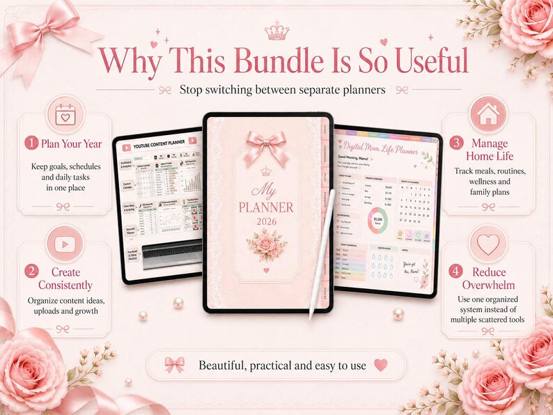 May include: A digital planner bundle displayed on three tablet screens with a light pink theme. The central screen shows a cover titled My Planner 2026 with a bow and rose graphic. Text includes Why This Bundle Is So Useful and four numbered steps.