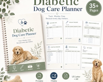 Pflegeplaner für Hunde mit Diabetes, Diabetes-Tracker für Hunde, Insulin- und Blutzuckertagebuch für Hunde mit Diabetes, Gesundheitstagebuch für Haustiere, ausfüllbares PDF