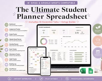 Studenten-Kalender | Excel & Google Sheets Vorlage | Noten-Tracker, Aufgabenplaner, GPA-Rechner | Digitaler Organizer