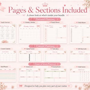 May include: A digital planner bundle display featuring pink floral accents and bows. The text reads Pages & Sections Included, Personal Planning, Content Planning, and Home & Mom Planning, with various templates for calendars, trackers, and lists.