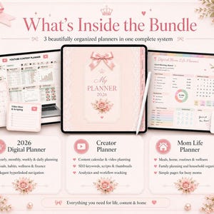 May include: A digital planner bundle featuring a 2026 planner, a creator planner, and a mom life planner. The display shows tablet screens with pink floral accents, a bow graphic, and text including What's Inside the Bundle and My Planner 2026.