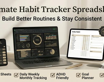 Habit Tracker & Tagesplaner | Google Sheets und Excel | Dark Mode Digitaler Planer | ADHD, Ziel, Routine, Produktivität Tracker, Printable