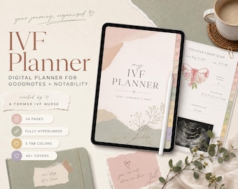 Digitaler IVF-Planer, verlinktes Fruchtbarkeitstagebuch, druckbarer IVF-Behandlungs-Tracker, Medikamenten- und Zyklusprotokoll, PDF für A4 und US Letter