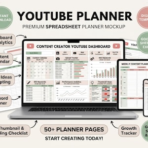 May include: A digital mockup of a YouTube planner, shown on a laptop, tablet, and smartphone. The planner includes sections for content calendars, video ideas, SEO keywords, and analytics. The image also features the text "YouTube Planner" and "Start Creating Today!"