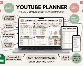 YouTube Content Planner Template | Video Calendar, Upload Tracker, Workflow Dashboard for Creators | Excel Planner