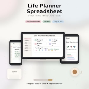 May include: A digital life planner spreadsheet displayed on a laptop, tablet, and phone. The screen shows a dashboard with budget, savings, and habit tracking information. The text "Life Planner Spreadsheet" is at the top, with options for instant download and 16 tabs.