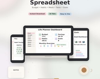 All-in-One-Lebensplaner-Vorlage | Budget-, Gewohnheits- und Zielkalender-Dashboard für Google Sheets, Excel, Apple Numbers und Notion