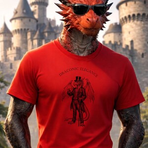 May include: A red t-shirt with the text "DRACONIC ELEGANCE" and a dragon illustration. The dragon is wearing a top hat and suit. The image features a dragon wearing sunglasses, with a castle in the background.