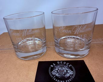 2 Evan Williams Single Barrel Vintage Etched Bourbon Whiskey Glasses 9oz. 3 1/2"