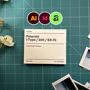 Può includere: Una scatola bianca di pellicola Polaroid i-Type / 600 / SX-70 con il testo "Customisable Template" e "A3 / US Tabloid" su una superficie a griglia verde. Diverse foto Polaroid sono sparse intorno alla scatola, con tre icone di app di design sullo sfondo.
