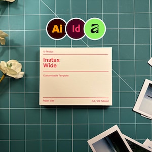 Puede incluir: Una composición en plano con una plantilla Instax Wide crema con detalles rojos, fotos Instax e iconos de software de diseño. La plantilla dice "Instax Wide" y "A3/US Tabloid" sobre un fondo de cuadrícula verde.