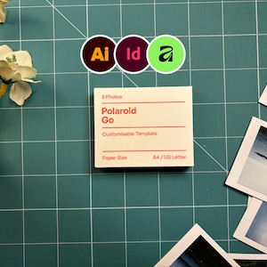 May include: A flat lay composition with a white card reading "Polaroid Go", design software icons, and small photos. The background is a green grid, with white flowers in the upper left corner. The paper size is A4.