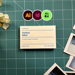 May include: A cream-colored Instax Mini customizable template card with the text "10 Photos" and "Instax Mini". The card is on a green cutting mat, with several small photos and white flowers. The paper size is A4/US Letter.