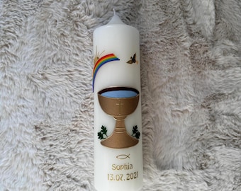 Cáliz personalizado para vela bautismal con arcoíris y sol: vela blanca con nombre y fecha, hecha a mano, regalo de bautismo, vela para padrinos.