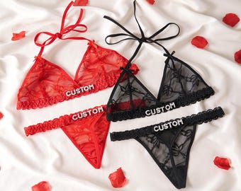 Custom Name Lace Lingerie Set: Personalized Thong and Bra with Silver Charms