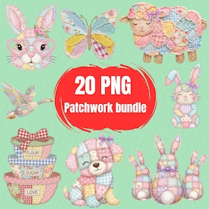 May include: A collection of 20 PNG patchwork images featuring various animals and objects. The images include a bunny wearing glasses, a butterfly, a sheep, a goose, bowls labeled "Flour", "Sugar", and "Love", a dog, and several bunnies. The images are in pastel colors.