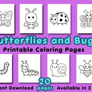 Könnte beinhalten: Acht ausdruckbare Malvorlagen mit Insekten und Schmetterlingen in Schwarzweiß. Der Text "Butterflies and Bugs Printable Coloring Pages" ist in der Mitte zu sehen. Die Wörter "Instant Download" und "Available in 2 sizes" sind ebenfalls enthalten.
