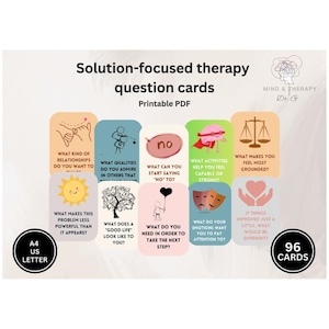 May include: A set of 96 solution-focused therapy question cards in a printable PDF format. The cards feature various prompts and illustrations, including a sun, scales, and a heart, designed for therapeutic use. The cards are available in A4 and US Letter sizes.