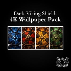 May include: Digital artwork showing four Viking shields, part of a 4K wallpaper pack. The shields are in blue, red, yellow, and green, each with a distinct design. The image has a dark background.