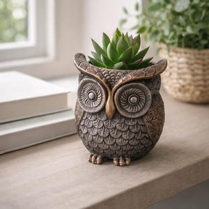 Könnte beinhalten: Ein detaillierter, bronzefarbener, eulenformiger Pflanztopf mit einer grünen Sukkulentenpflanze. Der Eulen-Pflanztopf hat strukturierte Federn und große, runde Augen. Der Pflanztopf steht auf einer Holzoberfläche, mit einem Fenster und anderen Pflanzen im Hintergrund.
