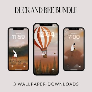 May include: Three smartphone screens featuring charming illustrations. One depicts a duck on a bicycle, another a duck in a hot air balloon, and the third a duck with a bee. The text "DUCK AND BEE BUNDLE" and "3 WALLPAPER DOWNLOADS" are also visible.