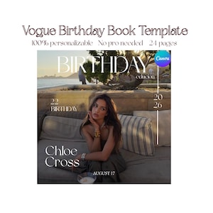 Op de afbeelding: Een digitaal verjaardagsboek-sjabloon met de tekst Vogue Birthday Book Template, 100% personalizable, No pro needed, 24 pages. De omslag toont BIRTHDAY, 22 BIRTHDAY, 2026, Chloe Cross en AUGUST 17 boven een foto bij zonsondergang.