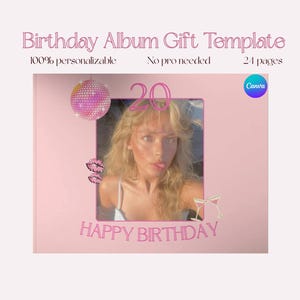 May include: Pink birthday album gift template with a photo of a person, the number 20, and the words "Happy Birthday." The album includes a disco ball, lips, and cocktail glasses. Text reads "100% personalisable, No pro needed, 24 pages."