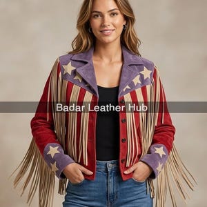 Women USA Flag Red Suede Leather Fringe Jacket Western Cowgirl Style Star Patch Tassel American Coat Vintage Festival Outfit Gift for Her