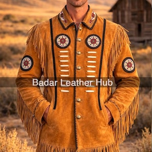 Men's Western Tan Suede Leather Jacket with Fringe Beadwork Tribal Cowboy Style Traditional Handcrafted Custom Jacket Birthday Gift for Him